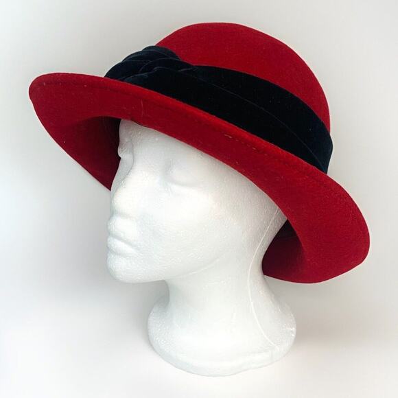 VTG Womens Dress Hat 100% Wool Felt Red Made In Italy Black Velvet Band - Picture 4 of 6